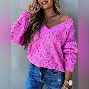 Women's Hot Pink Off-the-Shoulder Heart Knit Sweater